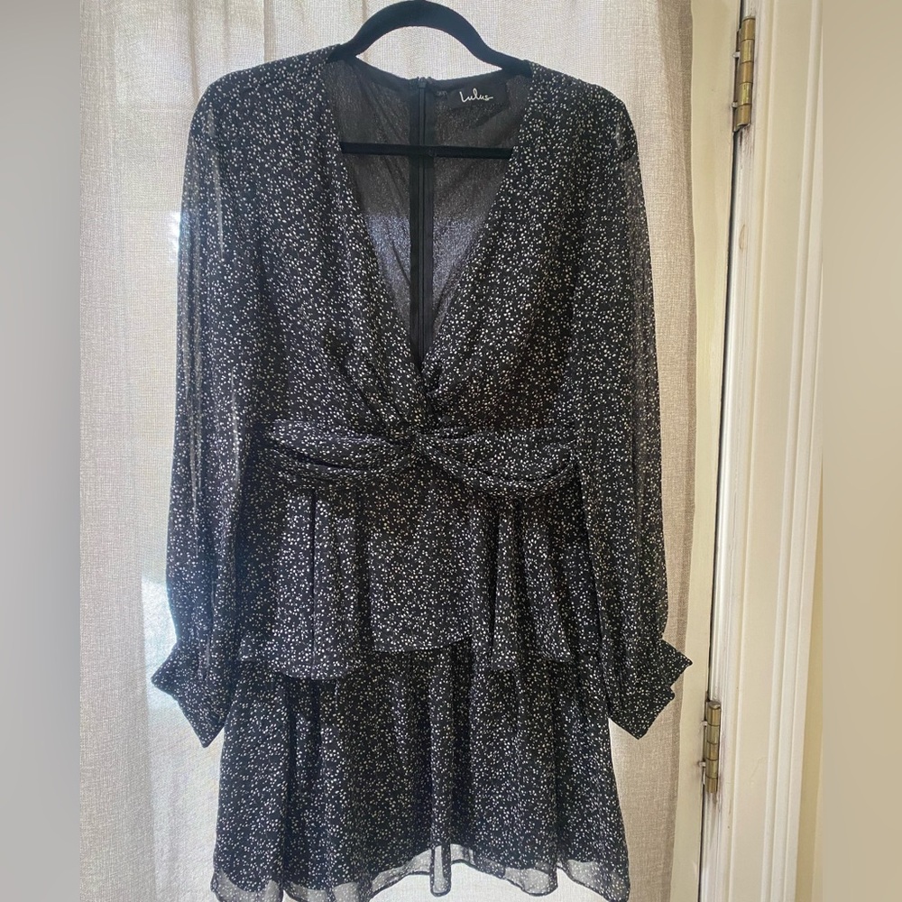 Lulu's Black Long-Sleeve Twist-Front Tiered Mini Dress with White Micro-Print
